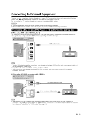 Page 1513
Connecting to External Equipment
You can connect many types of external equipment to your TV. To view external source images, select the input 
source from INPUT on the remote control unit or on the TV. (See pages 12 and 20.)
For connecting the TV to external equipment, use commercially available cables.
CAUTION
•  To protect equipment, always turn off the TV before connecting any external equipment.
•  Please read the relevant operation manual (Blu-ray disc player, etc.) carefully before making...