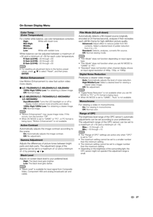 Page 2927
Color Temp. 
(Color Temperature)
For a better white balance, use color temperature correction.High:White with bluish tone
Mid-High:
Middle:
Mid-Low:
Low:   White with reddish tone
White balance can be adjusted between a maximum of 
+30 and a minimum of –30 for each color temperature.
R Gain (LO/HI): –30 through +30
G Gain (LO/HI): –30 through +30
B Gain (LO/HI): –30 through +30
•For resetting all adjustment items to the factory preset 
values, press a/
b to select "Reset", and then press...