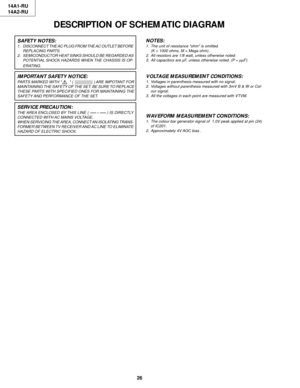 Page 2626 14A1-RU
14A2-RU
DESCRIPTION OF SCHEMATIC DIAGRAM
SAFETY NOTES:
1. DISCONNECT THE AC PLUG FROM THE AC OUTLET BEFORE
REPLACING PARTS.
2. SEMICONDUCTOR HEAT SINKS SHOULD BE REGARDED AS
POTENTIAL SHOCK HAZARDS WHEN THE CHASSIS IS OP-
ERATING.
IMPORTANT SAFETY NOTICE:
PARTS MARKED WITH  Œ  (                   ) ARE IMPOTANT FOR
MAINTAINING THE SAFETY OF THE SET. BE SURE TO REPLACE
THESE PARTS WITH SPECIFIED ONES FOR MAINTAINING THE
SAFETY AND PERFORMANCE OF THE SET.
SERVICE PRECAUTION:
THE AREA ENCLOSED BY...
