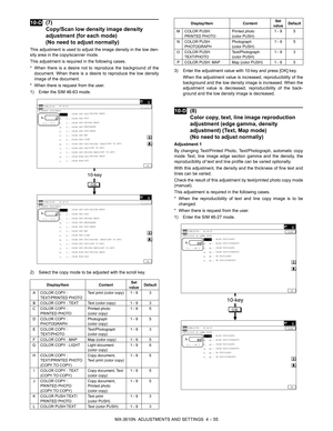 Page 131MX-3610N  ADJUSTMENTS AND SETTINGS  4 – 55
 
10-D(7)
Copy/Scan low density image density 
adjustment (for each mode) 
(No need to adjust normally)
This adjustment is used to adjust the image density in the low den-
sity area in the copy/scanner mode.
This adjustment is required in the following cases.
* When there is a desire not to reproduce the background of the
document. When there is a desire to reproduce the low density
image of the document.
* When there is request from the user.
1) Enter the SIM...