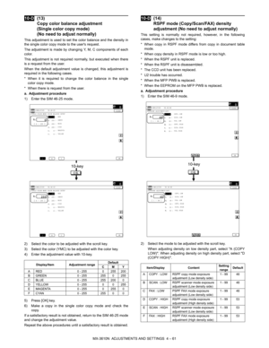 Page 137MX-3610N  ADJUSTMENTS AND SETTINGS  4 – 61
 
10-D(13)
Copy color balance adjustment 
(Single color copy mode) 
(No need to adjust normally)
This adjustment is used to set the color balance and the density in
the single color copy mode to the users request.
The adjustment is made by changing Y, M, C components of each
color.
This adjustment is not required normally, but executed when there
is a request from the user.
When the default adjustment value is changed, this adjustment is
required in the...