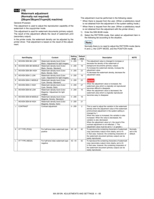 Page 141MX-3610N  ADJUSTMENTS AND SETTINGS  4 – 65
 
10-D(18) 
Watermark adjustment 
(Normally not required) 
(26cpm/36cpm/31cpm(A) machine)
General (Purpose):
This adjustment is used to adjust  the reproduction capability of the
watermark in the copy/printer mode.
This adjustment is used for watermark documents (primary output).
The result of this adjustment affects the result of watermark print
(secondary output).
In the printer mode, the watermark density can be adjusted by the
printer driver. That adjustment...