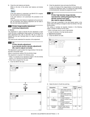 Page 148MX-3610N  ADJUSTMENTS AND SETTINGS  4 – 72
6) Check the color balance and density.
(Refer to the item of the printer color balance and density
check.)
If the color balance is customized, use SIM 67-27 to register
the color balance as the service target.
If the color balance is not cust omized, this procedure is not
required.
If the customized color balance is registered as the service tar-
get, the automatic color balance adjustment can be made in
the next color balance adjustment.
 
10-F Printer image...