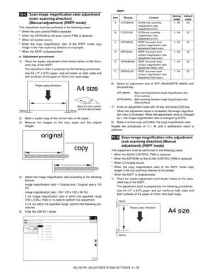 Page 159MX-3610N  ADJUSTMENTS AND SETTINGS  4 – 83
 
16-CScan image magnification ratio adjustment 
(main scanning direction) 
(Manual adjustment) (RSPF mode)
This adjustment must be performed in the following cases:
* When the scan control PWB is replaced.
* When the EEPROM on the scan control PWB is replaced.
* When U2 trouble occurs.
* When the copy magnification ratio of the RSPF mode copy
image in the main scanning direction is not proper.
* When the RSPF is disassembled.
a. Adjustment procedures
1) Place...