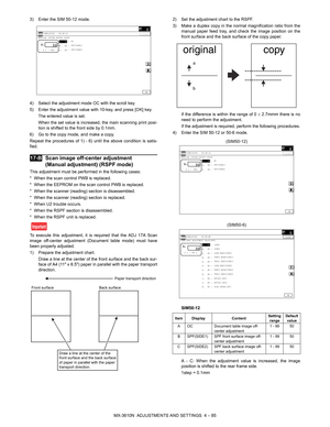 Page 161MX-3610N  ADJUSTMENTS AND SETTINGS  4 – 85
3) Enter the SIM 50-12 mode.
4) Select the adjustment mode OC with the scroll key.
5) Enter the adjustment value with 10-key, and press [OK] key.
The entered value is set.
When the set value is increased, the main scanning print posi-
tion is shifted to the front side by 0.1mm.
6) Go to the copy mode, and make a copy.
Repeat the procedures of 1) - 6)  until the above condition is satis-
fied.
 
17-B Scan image off-center adjustment 
(Manual adjustment) (RSPF...