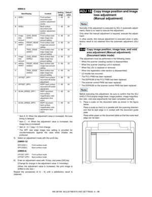 Page 162MX-3610N  ADJUSTMENTS AND SETTINGS  4 – 86
SIM50-6
* Item A, B: When the adjustment value is increased, the scan
timing is delayed.
* Item C - H: When the adjustment value is increased, the image loss is increased.
* Item A - H: 1 step = 0.1mm change
* The SPF rear edge image loss setting is provided for countermeasures against the case when shades are
produced.
5) Select an adjustment mode with the scroll key.
(SIM50-12)
(SIM50-6)
6) Enter an adjustment value with 10-key, and press [OK] key. (Change for...