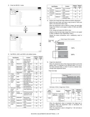 Page 163MX-3610N  ADJUSTMENTS AND SETTINGS  4 – 87
2) Enter the SIM 50-1 mode.
3) Set RRCA, LEAD, and SIDE to the default values.
4) Perform the image lead edge reference position adjustment.
Shift to the copy mode, and make a copy at each of 100% and
200% in the document table mode.
When the adjustment value of RRCA is proper, the lead edge
image from 4.0mm is not copied in either of 100% and 200%
copy scale.
If not, change and adjust the RRCA value.
(Adjust so that the lead edge im age from 4.0mm is not...