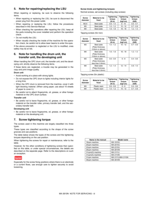 Page 7MX-3610N  NOTE FOR SERVICING - iii
5. Note for repairing/replacing the LSU
When repairing or replacing, be sure to observe the following
items.
• When repairing or replacing the LSU, be sure to disconnect thepower plug from the power outlet.
• When repairing or replacing the LSU, follow the procedures described in this Service Manual.
• When checking the operations afte r repairing the LSU, keep all
the parts including the cover installed and perform the operation
check.
• Do not modify the LSU.
• When...