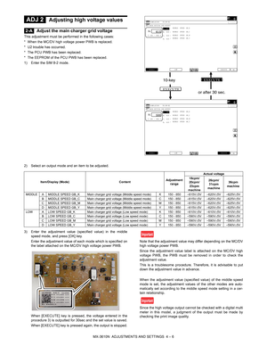 Page 82MX-3610N  ADJUSTMENTS AND SETTINGS  4 – 6
 
ADJ 2Adjusting high voltage values
 
2-AAdjust the main charger grid voltage
This adjustment must be performed in the following cases:
* When the MC/DV high voltage power PWB is replaced.
* U2 trouble has occurred.
* The PCU PWB has been replaced.
* The EEPROM of the PCU PWB has been replaced.
1) Enter the SIM 8-2 mode.
2) Select an output mode and an item to be adjusted.
3) Enter the adjustment value (s pecified value) in the middle
speed mode, and press [OK]...