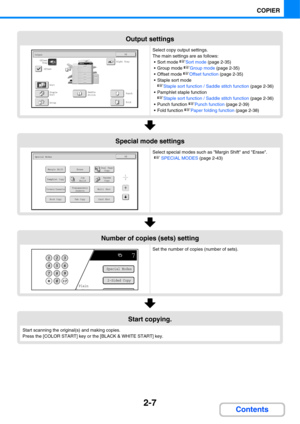 Page 1282-7
COPIER
Contents
Output settings
Select copy output settings.
The main settings are as follows:

☞Sort mode (page 2-35)
 Group mode 
☞Group mode (page 2-35)
 Offset mode 
☞Offset function (page 2-35)
 Staple sort mode
☞Staple sort function / Saddle stitch function (page 2-36)
 Pamphlet staple function
☞Staple sort function / Saddle stitch function (page 2-36)
 Punch function 
☞Punch function (page 2-39)
 Fold function 
☞Paper folding function (page 2-38)
Special mode settings
Select special modes such...