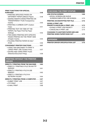 Page 2803-2
PRINTER
PRINT FUNCTIONS FOR SPECIAL 
PURPOSES  . . . . . . . . . . . . . . . . . . . . . . . . . . . . . .  3-48
 PRINTING SPECIFIED PAGES ON 
DIFFERENT PAPER (Different Paper). . . . . . .  3-48
 ADDING INSERTS WHEN PRINTING ON 
TRANSPARENCY FILM (Transparency 
Inserts) . . . . . . . . . . . . . . . . . . . . . . . . . . . . . . .  3-50
 PRINTING A CARBON COPY (Carbon 
Copy)  . . . . . . . . . . . . . . . . . . . . . . . . . . . . . . . .  3-51
 PRINTING TEXT ON TABS OF TAB 
PAPER (Tab Paper...