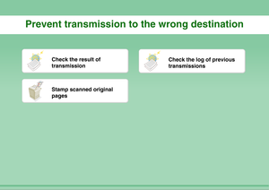 Page 29Prevent transmission to the wrong destination
Check the result of 
transmission
Check the log of previous 
transmissions
Stamp scanned original 
pages 