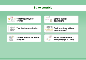 Page 31Save trouble
12 3
Store frequently used 
settings
Send to multiple 
destinations
aaa@aa.aa.c
o
bbb@bb.bb.
c
ccc@cc.cc.c
o
ddd@dd.dd.
c
eee@ee.ee.c
o
View the transmission log
aaa@aa.aa.c
bbb@bb.bb.
ccc@cc.cc.c
ddd@dd.dd.
eee@ee.ee.e
Easily specify an address 
(search number)
Send an Internet fax from a 
computer
Bound original such as a 
book (one page at a time) 