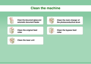 Page 37Clean the machine
Clean the document glass and 
automatic document feeder
Clean the main charger of 
the photoconductive drum
Clean the original feed 
roller
Clean the bypass feed 
roller
Clean the laser unit 