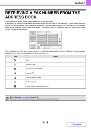 Page 3724-17
FACSIMILE
Contents
RETRIEVING A FAX NUMBER FROM THE 
ADDRESS BOOK
The address book screen shows stored destinations as one-touch keys.
A destination fax number is retrieved by simply touching the one-touch key of that destination. This is called one-touch 
dialing. It is also possible to store multiple fax numbers in a one-touch key, allowing you to retrieve all the numbers by 
simply touching the key. This is called group dialing. This dialing method is convenient when you wish to send a fax to...