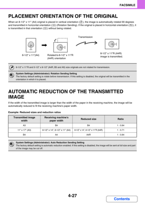 Page 3824-27
FACSIMILE
Contents
PLACEMENT ORIENTATION OF THE ORIGINAL
When an 8-1/2 x 11 (A4) original is placed in vertical orientation ( ), the image is automatically rotated 90 degrees 
and transmitted in horizontal orientation ( ) (Rotation Sending). If the original is placed in horizontal orientation ( ), it 
is transmitted in that orientation ( ) without being rotated.
AUTOMATIC REDUCTION OF THE TRANSMITTED 
IMAGE
If the width of the transmitted image is larger than the width of the paper in the receiving...