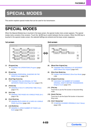 Page 4244-69
FACSIMILE
Contents
This section explains special modes that can be used for fax transmission.
SPECIAL MODES
When the [Special Modes] key is touched in the base screen, the special modes menu screen appears. The special 
modes menu consists of two screens. Touch the   key to switch between the two screens. When the [OK] key is 
touched in the special modes screen, the selected settings are entered and the base screen reappears.
1st screen 2nd screen
(1) [Program] key
☞STORING FAX OPERATIONS (Program)...