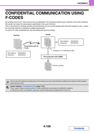 Page 4644-109
FACSIMILE
Contents
CONFIDENTIAL COMMUNICATION USING 
F-CODES
By sending a fax to an F-code memory box (confidential) in the receiving machine (your machine or the other machine), 
the sender can direct the transmission specifically to the user of the box.
This is convenient for sending sensitive documents that you do not wish people other than the recipient to see, or when 
the receiving machine is shared by multiple departments.
To print an F-code confidential fax, the print passcode must be...