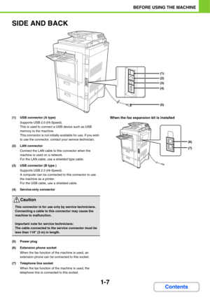 Page 481-7
BEFORE USING THE MACHINE
Contents
SIDE AND BACK
(1) USB connector (A type)
Supports USB 2.0 (Hi-Speed).
This is used to connect a USB device such as USB 
memory to the machine.
This connector is not initially available for use. If you wish 
to use the connector, contact your service technician.
(2) LAN connector
Connect the LAN cable to this connector when the 
machine is used on a network.
For the LAN cable, use a shielded type cable.
(3) USB connector (B type )
Supports USB 2.0 (Hi-Speed).
A...