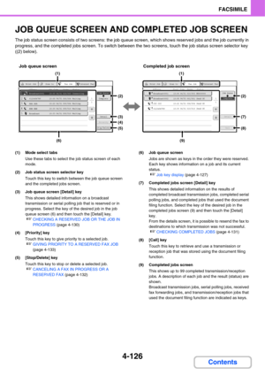Page 4814-126
FACSIMILE
Contents
JOB QUEUE SCREEN AND COMPLETED JOB SCREEN
The job status screen consists of two screens: the job queue screen, which shows reserved jobs and the job currently in 
progress, and the completed jobs screen. To switch between the two screens, touch the job status screen selector key 
((2) below).
(1) Mode select tabs
Use these tabs to select the job status screen of each 
mode.
(2) Job status screen selector key
Touch this key to switch between the job queue screen 
and the completed...