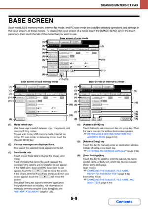 Page 4995-9
SCANNER/INTERNET FAX
Contents
BASE SCREEN
Scan mode, USB memory mode, Internet fax mode, and PC scan mode are used by selecting operations and settings in 
the base screens of those modes. To display the base screen of a mode, touch the [IMAGE SEND] key in the touch 
panel and then touch the tab of the mode that you wish to use.
(1) Mode select keys
Use these keys to switch between copy, image send, and 
document filing modes.
To use scan mode, USB memory mode, Internet fax 
mode, PC scan mode, or...