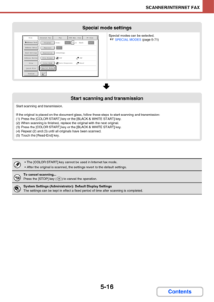 Page 5065-16
SCANNER/INTERNET FAX
Contents
Special mode settings
Special modes can be selected.
☞SPECIAL MODES (page 5-71)
Start scanning and transmission
Start scanning and transmission.
If the original is placed on the document glass, follow these steps to start scanning and transmission:
(1) Press the [COLOR START] key or the [BLACK & WHITE START] key.
(2) When scanning is finished, replace the original with the next original.
(3) Press the [COLOR START] key or the [BLACK & WHITE START] key.
(4) Repeat (2)...