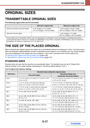 Page 5075-17
SCANNER/INTERNET FAX
Contents
ORIGINAL SIZES
TRANSMITTABLE ORIGINAL SIZES
The following original sizes can be transmitted
* A long original can be transmitted. (When only scan destinations are selected for scan transmission or metadata transmission, 
scanning will take place in Mono2 at a resolution of 300X300dpi or less. When a resolution of 600X600dpi is used for Internet fax 
transmission, the maximum original size is 31-1/2 (800 mm).)
THE SIZE OF THE PLACED ORIGINAL
When a standard size original...