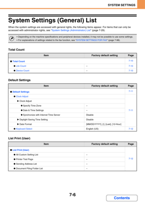 Page 6787-6
SYSTEM SETTINGS
Contents
System Settings (General) List
When the system settings are accessed with general rights, the following items appear. For items that can only be 
accessed with administrator rights, see System Settings (Administrator) List (page 7-29).
Total Count
Default Settings
List Print (User)
 Depending on the machine specifications and peripheral devices installed, it may not be possible to use some settings.
 For explanations of settings related to the fax function, see SYSTEM...