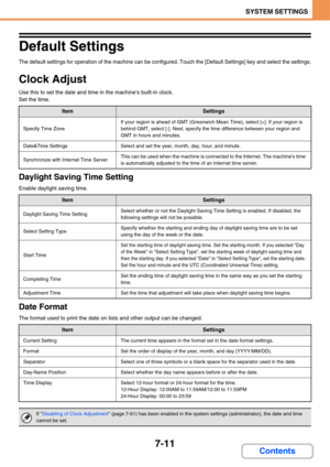 Page 6837-11
SYSTEM SETTINGS
Contents
Default Settings
The default settings for operation of the machine can be configured. Touch the [Default Settings] key and select the settings.
Clock Adjust
Use this to set the date and time in the machines built-in clock.
Set the time.
Daylight Saving Time Setting
Enable daylight saving time.
Date Format
The format used to print the date on lists and other output can be changed.
ItemSettings
Specify Time Zone
If your region is ahead of GMT (Greenwich Mean Time), select [+]....