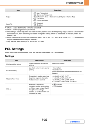 Page 6947-22
SYSTEM SETTINGS
Contents
*1 When a saddle stitch finisher or finisher is installed.
*2 When a finisher (large stacker) is installed.
*3 This setting is used to adjust the line width of vector graphics (black & white printing only). Except for CAD and other 
specialized uses, there is normally no need to change this setting. When 0 is selected, all lines are printed at a 
width of 1 dot.
*4 Paper sizes that can be used with this function are A3, B4, A4, 11 x 17, 8-1/2 x 14, and 8-1/2 x 11. (This...