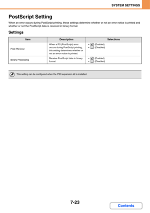 Page 6957-23
SYSTEM SETTINGS
Contents
PostScript Setting
When an error occurs during PostScript printing, these settings determine whether or not an error notice is printed and 
whether or not the PostScript data is received in binary format.
Settings
ItemDescriptionSelections
Print PS Error
When a PS (PostScript) error 
occurs during PostScript printing, 
this setting determines whether or 
not an error notice is printed.  (Enabled)
  (Disabled)
Binary ProcessingReceive PostScript data in binary 
format....