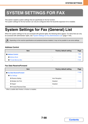 Page 7707-98
SYSTEM SETTINGS
Contents
This section explains system settings that are specifically for the fax function.
The system settings for the fax function can only be configured when the facsimile expansion kit is installed.
System Settings for Fax (General) List
When the system settings for fax are accessed with general rights, the following items appear. For items that can only 
be accessed with administrator rights, see System Settings for Fax (Administrator) List (page 7-104).
Address Control
Fax Data...