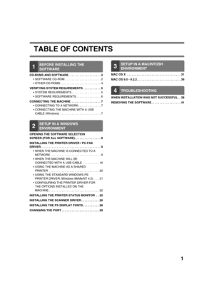 Page 8341
TABLE OF CONTENTS
1BEFORE INSTALLING THE 
SOFTWARE
CD-ROMS AND SOFTWARE . . . . . . . . . . . . . . . . . . . . 2
 SOFTWARE CD-ROM . . . . . . . . . . . . . . . . . . . . . . 2
 OTHER CD-ROMS . . . . . . . . . . . . . . . . . . . . . . . . . 4
VERIFYING SYSTEM REQUIREMENTS . . . . . . . . . . . 5
 SYSTEM REQUIREMENTS . . . . . . . . . . . . . . . . . . 5
 SOFTWARE REQUIREMENTS . . . . . . . . . . . . . . . 6
CONNECTING THE MACHINE  . . . . . . . . . . . . . . . . . . 7
 CONNECTING TO A NETWORK. . . . ....