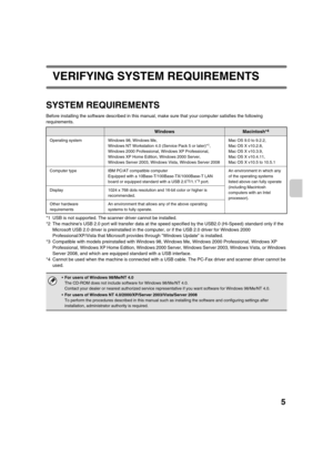 Page 8385
VERIFYING SYSTEM REQUIREMENTS
SYSTEM REQUIREMENTS
Before installing the software described in this manual, make sure that your computer satisfies the following 
requirements.
*1 USB is not supported. The scanner driver cannot be installed.
*2 The machines USB 2.0 port will transfer data at the speed specified by the USB2.0 (Hi-Speed) standard only if the 
Microsoft USB 2.0 driver is preinstalled in the computer, or if the USB 2.0 driver for Windows 2000 
Professional/XP/Vista that Microsoft provides...