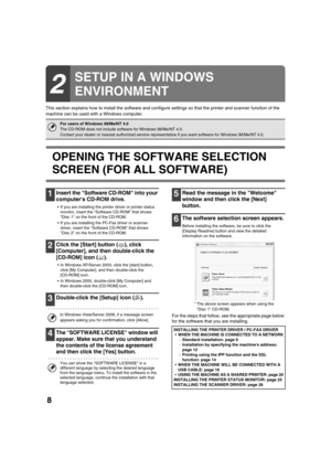 Page 841
8
This section explains how to install the software and configure settings so that the printer and scanner function of the 
machine can be used with a Windows computer.
OPENING THE SOFTWARE SELECTION 
SCREEN (FOR ALL SOFTWARE)
1Insert the Software CD-ROM into your 
computers CD-ROM drive.
• If you are installing the printer driver or printer status 
monitor, insert the So ftware CD-ROM that shows 
Disc 1 on the front of the CD-ROM.
 If you are installing the PC-Fax driver or scanner  driver, insert the...