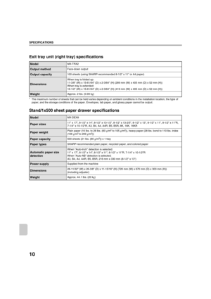 Page 88710
SPECIFICATIONS
Exit tray unit (right tray) specifications
* The maximum number of sheets that can be held varies depending on ambient conditions in the installation location, the type of 
paper, and the storage conditions of the paper. Envelopes, tab paper, and glossy paper cannot be output.
Stand/1x500 sheet paper drawer specifications
ModelMX-TRX2
Output methodFace-down output
Output capacity100 sheets (using SHARP-recommended 8-1/2 x 11 or A4 paper)
Dimensions
When tray is folded up:
11-3/8 (W) x...