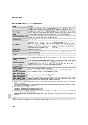 Page 89114
SPECIFICATIONS
Saddle stitch finisher specifications*1
*1 Paper pass unit and stand/1x500 sheet paper drawer or stand/2x500 sheet paper drawer are required to connect the saddle stitch 
finisher to the machine.
*2 The maximum number of sheets that can be held varies depending on ambient conditions in the installation location, the type of 
paper, and the storage conditions of the paper.
*3 Up to 30 envelopes can be output.
*4 The height of the sheets must not exceed 6-57/64 (175 mm).
*5 The height of...