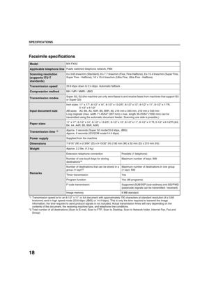 Page 89518
SPECIFICATIONS
Facsimile specifications
*1 Transmission speed is for an 8-1/2 x 11 or A4 document with approximately 700 characters at standard resolution (8 x 3.85 
lines/mm) sent in high speed mode (33.6 kbps (JBIG) or 14.4 kbps). This is only the time required to transmit the image 
information; the time required to send protocol signals is not included. Actual transmission times will vary depending on the 
contents of the document, the receiving machine type, and telephone line conditions.
*2...