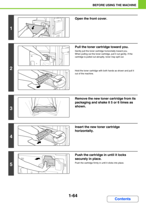 Page 1051-64
BEFORE USING THE MACHINE
Contents
1
Open the front cover.
2
Pull the toner cartridge toward you.
Gently pull the toner cartridge horizontally toward you.
When pulling out the toner cartridge, pull it out gently. If the 
cartridge is pulled out abruptly, toner may spill out.
Hold the toner cartridge with both hands as shown and pull it 
out of the machine.
3
Remove the new toner cartridge from its 
packaging and shake it 5 or 6 times as 
shown.
4
Insert the new toner cartridge 
horizontally.
5
Push...