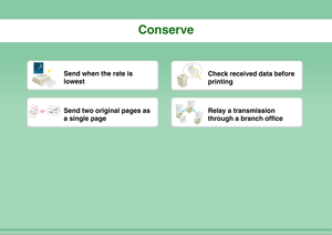 Page 19Conserve
Send when the rate is 
lowest
Check received data before 
printing
Send two original pages as 
a single page
Relay a transmission 
through a branch office 