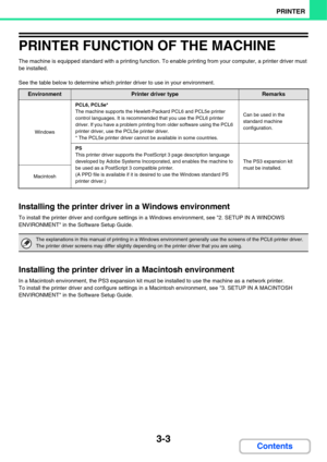 Page 2603-3
PRINTER
Contents
PRINTER FUNCTION OF THE MACHINE
The machine is equipped standard with a printing function. To enable printing from your computer, a printer driver must 
be installed.
See the table below to determine which printer driver to use in your environment.
Installing the printer driver in a Windows environment
To install the printer driver and configure settings in a Windows environment, see 2. SETUP IN A WINDOWS 
ENVIRONMENT in the Software Setup Guide.
Installing the printer driver in a...