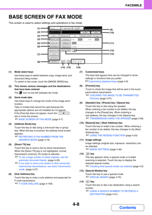 Page 3394-8
FACSIMILE
Contents
BASE SCREEN OF FAX MODE
This screen is used to select settings and operations in fax mode.
(1) Mode select keys
Use these keys to switch between copy, image send, and 
document filing modes.
To switch to fax mode, touch the [IMAGE SEND] key.
(2) This shows various messages and the destinations 
that have been entered.
The   icon on the left indicates fax mode.
(3) Send mode tabs
Use these keys to change the mode of the image send 
function.
Tabs of modes that cannot be used because...