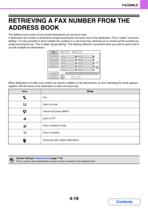 Page 3494-18
FACSIMILE
Contents
RETRIEVING A FAX NUMBER FROM THE 
ADDRESS BOOK
The address book screen shows stored destinations as one-touch keys.
A destination fax number is retrieved by simply touching the one-touch key of that destination. This is called one-touch 
dialling. It is also possible to store multiple fax numbers in a one-touch key, allowing you to retrieve all the numbers by 
simply touching the key. This is called group dialling. This dialling method is convenient when you wish to send a fax to...