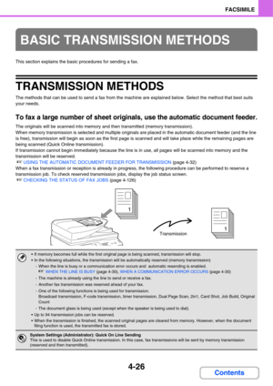 Page 3574-26
FACSIMILE
Contents
This section explains the basic procedures for sending a fax.
TRANSMISSION METHODS
The methods that can be used to send a fax from the machine are explained below. Select the method that best suits 
your needs.
To fax a large number of sheet originals, use the automatic document feeder.
The originals will be scanned into memory and then transmitted (memory transmission).
When memory transmission is selected and multiple originals are placed in the automatic document feeder (and...