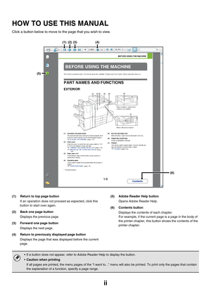 Page 39ii
HOW TO USE THIS MANUAL
Click a button below to move to the page that you wish to view.
(1) Return to top page button
If an operation does not proceed as expected, click this 
button to start over again.
(2) Back one page button
Displays the previous page.
(3) Forward one page button
Displays the next page.
(4) Return to previously displayed page button
Displays the page that was displayed before the current 
page.(5) Adobe Reader Help button
Opens Adobe Reader Help.
(6) Contents button
Displays the...