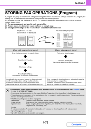 Page 403
4-72
FACSIMILE
Contents
STORING FAX OPERATIONS (Program)
A program is a group of transmission settings stored together. When transmission settings are stored in a program, the 
settings can be retrieved and used for a fax job by means of a simple operation.
For example, suppose that the same A4 (8-1/2 x 11) size documents are distributed to branch offices in various 
regions once a month.
(1) The same documents are faxed to each branch office
(2) To save paper, two document pages are faxed as a single...