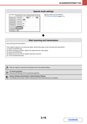 Page 4835-16
SCANNER/INTERNET FAX
Contents
Special mode settings
Special modes can be selected.
☞SPECIAL MODES (page 5-71)
Start scanning and transmission
Start scanning and transmission.
If the original is placed on the document glass, follow these steps to start scanning and transmission:
(1) Press the [START] key.
(2) When scanning is finished, replace the original with the next original.
(3) Press the [START] key.
(4) Repeat (2) and (3) until all originals have been scanned.
(5) Touch the [Read-End] key....