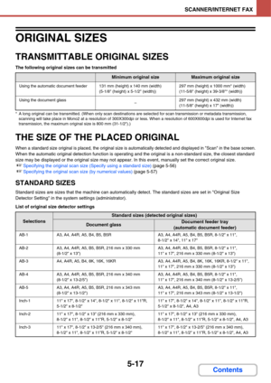 Page 4845-17
SCANNER/INTERNET FAX
Contents
ORIGINAL SIZES
TRANSMITTABLE ORIGINAL SIZES
The following original sizes can be transmitted
* A long original can be transmitted. (When only scan destinations are selected for scan transmission or metadata transmission, 
scanning will take place in Mono2 at a resolution of 300X300dpi or less. When a resolution of 600X600dpi is used for Internet fax 
transmission, the maximum original size is 800 mm (31-1/2).)
THE SIZE OF THE PLACED ORIGINAL
When a standard size original...