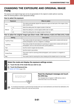 Page 5285-61
SCANNER/INTERNET FAX
Contents
CHANGING THE EXPOSURE AND ORIGINAL IMAGE 
TYPE
The exposure and original image type can be set appropriately for the original to enable optimum scanning.
Refer the following tables to select appropriate settings.
How to select the exposure
How to select the original image type (Scan mode, USB memory mode and Data entry mode)
ExposureWhen to select
AutoThis setting automatically adjusts the exposure for light and dark parts of the original. (Only 
when mono2 is set.)...