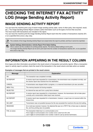 Page 5765-109
SCANNER/INTERNET FAX
Contents
CHECKING THE INTERNET FAX ACTIVITY 
LOG (Image Sending Activity Report)
IMAGE SENDING ACTIVITY REPORT
You can have the machine print a log of recent image sending activity (date, name of other party, time required, result, 
etc.). The Image Sending Activity Report contains useful information such as the types of errors that occurred.
The most recent 200 transactions are included in the report.
You can have the machine print the Image Sending Activity Report each time...